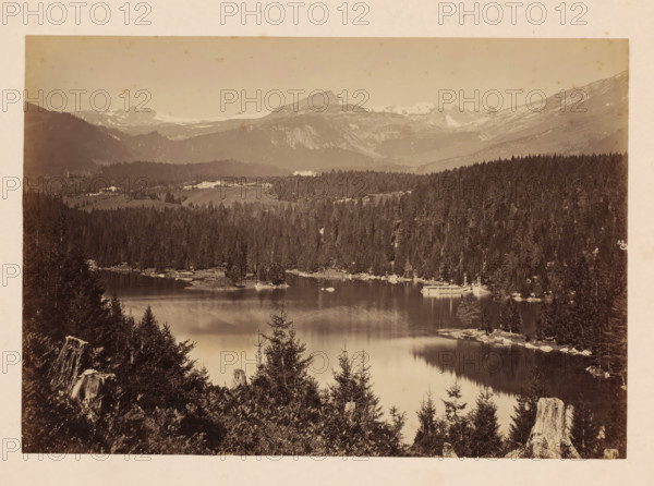 Cauma See, Flims, Switzerland, photograph, inscription: 'Cauma See (Flims)', number: '21', c. 1880 - c. 1900, photographer, pasteboard, paper, albumen print, albumendruk, height 175 mm, width 254 mm x width 379 mm, height 319 mm, A wide sepia-toned landscape photograph showing a calm lake surrounded by dense evergreen forest, with reflections of trees visible on the water surface. In the foreground there are tree stumps and low shrubs at the water's edge. Small rocky outcrops and islands appear along the shoreline. A light-colored rectangular structure is visible near the far shore. Rolling forested hills rise behind the lake, leading to higher ridges and rugged mountains with patches of snow near the peaks under a pale sky. The image has a pale border around it.
