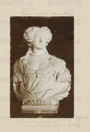 Bust of Maria II Stuart, photograph, Netherlands, after sculpture by Rombout Verhulst, 1850 - 1930, Rombout Verhulst, photographer, after sculpture by, paper, daylight collodion silver print, height 196 mm x width 125 mm, Person, Maria II Stuart (queen of England, Scotland and Ireland), piece of sculpture, reproduction of a piece of sculpture, A photograph of a marble bust of a woman shown from the torso upward against a dark rectangular background, the figure has stylized curled hair framing the face, a calm expression with closed or lightly defined eyes, and a rounded neck adorned with a beaded necklace; she wears a draped garment with gathered sleeves and ornamental braided or beaded swags across the chest, and decorative rosettes at the shoulders, the bust rests on a carved base with acanthus-like leaf motifs visible at the lower portion.