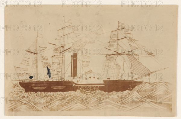 Paddle steamer donated to Japan in 1855, photograph, Photo of a Japanese print of the paddle steamer originally named the Soembing, later renamed the Kanko Maru, built at the Royal Naval Shipyard in Amsterdam in 1852 and donated to the Emperor of Japan in 1855., printmaker, Netherlands, Japan, paper, photography, height 112 mm x width 174 mm, For an example of the Japanese print see P1789 (print) in the collection of the Maritime Museum Rotterdam, Person, Soembing (ship), steamsailer, Period, 1855, A sepia-toned illustration of a steamship with paddlewheels sailing on stylized waves, showing tall masts with multiple flags and rigging, a central smokestack emitting plumes of smoke, a rounded paddlehouse with portholes, small human figures on deck, decorative patterns on the hull, and layered wave designs in the foreground.