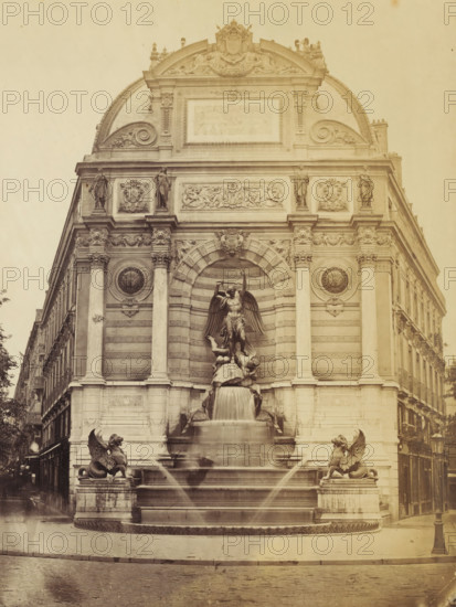 View of Fontaine Saint-Michel in Paris, photograph, Paris, 1860 - 1900, photographer, paper, pasteboard, albumen print, height 327 mm x width 501 mm, sculpture, ornamental fountain, the Archangel Michael fighting the dragon (devil, Satan), Fontaine Saint Michel, A large ornate stone façade fills the image, featuring classical columns, carved reliefs, and sculpted figures set into recessed arches, with a central statue of a winged figure standing atop a sculpted base from which water flows into a multi-tiered fountain; two winged lion-like creatures sit on pedestals flanking the fountain, and additional human statues stand in niches higher on the façade; decorative circular medallions and floral scrollwork appear on the upper sections, and buildings and narrow streets are visible receding on either side of the main structure.