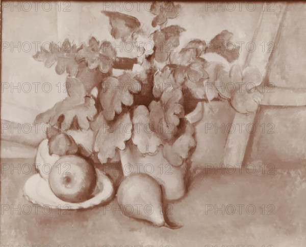 Photo reproduction of a painting with still life with fruit and plants by Paul Cézanne from the Hoogendijk collection, now in the Courtauld Gallery, London, photograph, reproduction, photographer: Johannes Gerardus Happel, The Hague, after painting by Paul Cézanne, c. 1915, paper, pasteboard, baryta paper, daylight gelatin silver print, height 181 mm x width 236 mm, height 236 mm x width 325 mm, picture, painting, still life of related objects, plants (in general), fruits, A still life painting showing a cluster of leaves with rounded lobes spilling over the edge of a container, a plate holding a round fruit with a central depression, several other rounded fruits partially visible, and a teardrop-shaped root vegetable resting on a flat surface, all rendered in soft brushstrokes and a muted monochrome palette with subtle tonal variations.