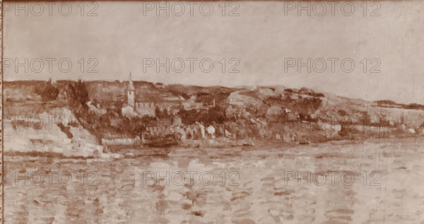 Photo reproduction of a painting with a view of a city on a river by Paul Cézanne from the Hoogendijk collection, photograph, reproduction, inscription: 'V. 293', photographer: attributed to Johannes Gerardus Happel, The Hague, after painting by Paul Cézanne, c. 1915, Attributed to, pasteboard, paper, albumen print, height 181 mm x width 238 mm, height 213 mm x width 325 mm, picture, painting, prospect of city, town panorama, silhouette of city, river, A wide, muted-toned landscape showing a shoreline with a cluster of buildings and a prominent church tower rising above them, set against low rolling hills and a broad sky; the foreground features a textured expanse of water with visible brushstrokes and reflections, and the scene is rendered in a limited palette with painterly, impressionistic strokes.