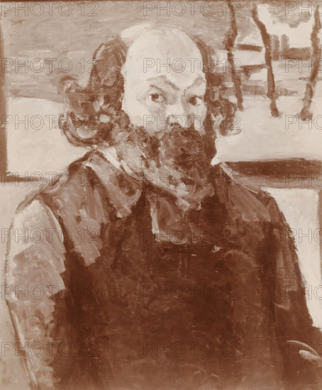 Photo reproduction of a self-portrait from the Hoogendijk collection, now in Musée d'Orsay, photograph, reproduction, photographer: Johannes Gerardus Happel, The Hague, after painting by Paul Cézanne, c. 1915, Johannes Gerardus Happel, Paul Cézanne, photographer, after painting by, pasteboard, paper, albumen print, albumendruk, height 237 mm x width 181 mm, height 298 mm x width 237 mm, Person, portrait, self-portrait of artist, picture, painting, A painted portrait of a bearded man with a high forehead and receding hairline, shown from the chest up, rendered in broad brushstrokes and monochrome tones. The man has long wavy hair at the sides and a full beard, with dark, focused eyes and visible eyebrows. He wears a dark garment with a lighter shirt or collar beneath, and the background includes abstract, loosely painted shapes that suggest vertical elements and light areas behind him. The overall image shows textured brushwork and variations in paint thickness across the face, hair, cl...