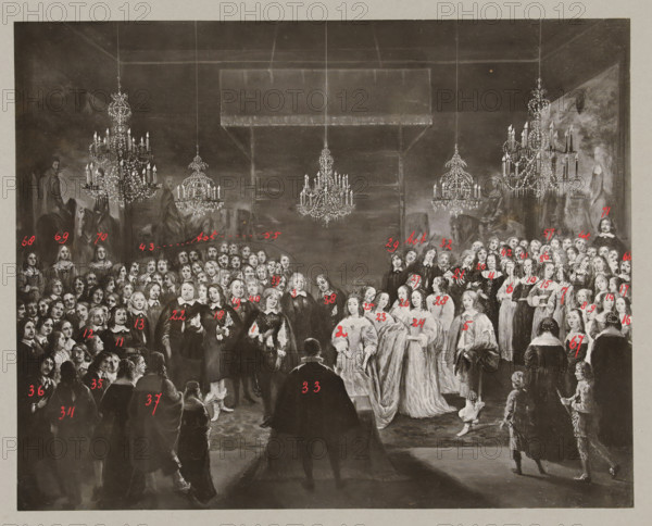 Marriage of Princess Louise Henriëtte to Frederick William, Elector of Brandenburg, 1646, photograph, historical object representation, The marriage of Princess Louise Henriëtte, Princess of Orange, to Frederick William, on December 7, at Het Oude Hof Palace (Noordeinde Palace) in The Hague. Photograph of the painting of the wedding by Jan Mijtens on which numbers are written in red paint next to all depicted persons. Accompanying this photograph is a photogravure with a legend of the depicted persons., photographer: Antoine Johan Marinus Steinmetz, The Hague, after painting by Jan Mijtens, 1903 - 1931, pasteboard, paper, photography, photograph pasted onto cardboard, with numbers in red paint, height 196 mm x width 247 mm, The painting is in the collection of the Musée des Beaux-Arts de Rennes, Rennes, Person, Louise Henriëtte (Princess of Orange), Frederick William of Brandenburg (I), (civil) marriage ceremonies, Noordeinde Palace, Period, 1646-12-07, A large monochrome painting of a...