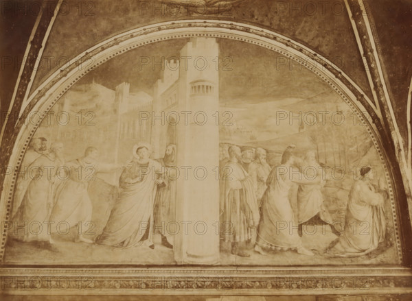 Photo reproduction of fresco The Saint Stephen Led to Martyrdom and Stoning of Saint Stephen, by Fra Angelico, Chapel of Nicholas V, Vatican, Santo Stefano condotto al martirio. - Lapidazione del medisimo, album page, photograph, reproduction, This photo is part of an album., inscription: '(Ed.ne Alinari) Pe 2.a No 7490. ROMA - Vaticano, Capella di Niccolò V. Santo Stefano condotto al martirio. - Lapidazione del medisimo. (Beato Angelico.)', photographer: Fratelli Alinari, Vatican Museums, after painting by Fra Angelico, Florence, c. 1860 - c. 1900, Tuscany, Vatican City, paper, albumen print, height 325 mm x width 438 mm, picture, painting, the deacon and (proto)martyr Stephen, possible attributes: censer, stones, A large arched fresco spanning the image shows multiple robed figures arranged on either side of a tall column that divides the composition, with architectural towers and battlements in the background and rolling hills beyond; decorative painted ribs frame the arch, and a pa...