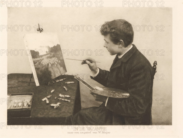 Boy paints a landscape, During the holidays, page, photomechanical print, photographer: W. Meijer, Netherlands, cliché maker: anonymous, c. 1900 - in or before 1905, paper, photoaquatint, height 116 mm x width 163 mm, painter at work, in his studio, A seated person in a dark coat is shown in profile holding a paintbrush toward a canvas on an easel and holding a painter’s palette and additional brushes in the other hand; the canvas shows a landscape scene with foliage and vertical tree trunks, and there are paint tubes and a box of supplies scattered on the tabletop nearby.