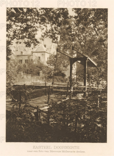 Doorwerth Castle, Drawbridge at Doorwerth Castle, page, photomechanical print, photographer: Mollerus, Gelderland, cliché maker: anonymous, c. 1900 - in or before 1905, paper, photoaquatint, height 154 mm x width 115 mm, castle, Doorwerth, A sepia-toned photograph showing a scene with dense trees and foliage surrounding a stone building with steep roofs and small dormer windows; in the foreground there is a wooden drawbridge structure with beams, chains, and wooden planks spanning over water, partially obscured by vegetation, and tree branches framing the top of the image.