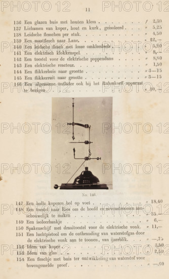 Unloader, photograph, page, number: 'No. 146.', photographer: Fredrich Wilhelm Funckler, Netherlands, c. 1857 - in or before 1867, paper, albumen print, height 66 mm x width 44 mm, Photo on page 11., physics (tools, instruments, laboratory equipment, scientific research), A sepia-toned page showing a vertically oriented rectangular photograph of a metal apparatus centered on the lower half, with a round base and a vertical rod supporting multiple horizontal and angled arms, clamps, and small decorative knobs; the photograph has a light background with faint speckles. The page surrounding the photograph has evenly spaced lines of printed text in a serif font, with dotted leader lines and columns of marks aligned to the right, and a small centered caption below the photograph. The paper shows age with light brown stains and small darker spots near the edges, and faint discoloration along the margins.