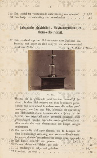 Electroscope by Bohnenberger, photograph, page, number: 'No. 157.', photographer: Fredrich Wilhelm Funckler, Netherlands, c. 1857 - in or before 1867, paper, albumen print, height 52 mm x width 59 mm, Photo on page 12., physics (tools, instruments, laboratory equipment, scientific research), A sepia-toned page with an inset photograph of a scientific apparatus centered on the page; the photograph shows a wooden rectangular base supporting a glass dome with a metal fitting and a vertical rod topped by a horizontal metal disc, with a plain backdrop behind it; the surrounding page shows printed paragraphs of text above and below the photograph and scattered spotting and age-related discoloration on the paper.
