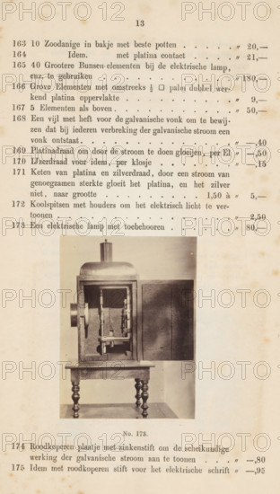 Electric lamp in a housing, photograph, page, number: 'No. 173.', photographer: Fredrich Wilhelm Funckler, Netherlands, c. 1857 - in or before 1867, paper, albumen print, height 76 mm x width 56 mm, Photo on page 13., electric lamp, A vertically oriented page with an aged, yellowed background showing a photograph of a mechanical apparatus mounted on a small ornate table; the apparatus has a boxlike frame with an open front revealing internal vertical and horizontal rods, cylindrical components, and a textured backing, topped by a rounded dome and a short cylindrical chimney, with a plain rectangular panel positioned to the right of the box; printed lines and columns of faint typed entries occupy the upper portion of the page above the photograph and there are additional printed entries below the photograph, some darker spots and foxing visible across the page.