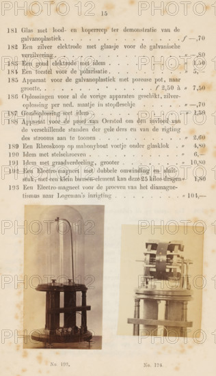 Two images of an electromagnet, photograph, page, Left an electromagnet, right a device on an electromagnet., number: 'No. 193., No. 194.', photographer: Fredrich Wilhelm Funckler, Netherlands, c. 1857 - in or before 1867, paper, albumen print, height 222 mm x width 133 mm, Photos on page 15., physics (tools, instruments, laboratory equipment, scientific research), A vertically oriented aged page with a faded cream background and scattered brown foxing spots, showing the upper half filled with evenly spaced printed lines of dark serif text and dotted leader lines, and the lower half featuring two sepia-toned photographs mounted side by side; the left photograph shows a tall glass dome over a dark wooden cylindrical base with columns and small hardware elements, and the right photograph shows a mechanical device with stacked circular components, a large curved metal band, and supporting pillars, both photos having slightly worn borders and resting on the stained paper.