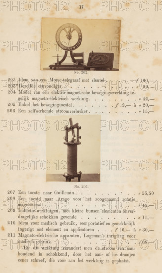 Two physics instruments, photograph, page, Above a model of a pointer telegraph, below a self-acting circuit breaker., number: 'No. 202., No. 206.', photographer: Fredrich Wilhelm Funckler, Netherlands, c. 1857 - in or before 1867, paper, albumen print, height 222 mm x width 133 mm, Photos on page 17., physics (tools, instruments, laboratory equipment, scientific research), A vertically oriented aged page with foxing and stains, featuring two mounted sepia photographs of mechanical apparatuses centered on the page; the upper photograph shows a flat base supporting a circular ring with a central decorative element and adjacent rectangular components, while the lower photograph depicts a tall cylindrical coil topped with a small assembly of metal contacts and levers, all images surrounded by blank margin and surrounded by lines of printed text above and below.