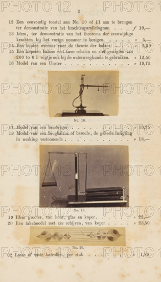 Three photographs of physics instruments, photograph, page, Above a model of a steelyard balance, in the middle a model of a bridge balance, below a branch model with six pulleys., number: 'No. 16., No. 18., No. 20.', photographer: Fredrich Wilhelm Funckler, Netherlands, c. 1857 - in or before 1867, paper, albumen print, height 222 mm x width 133 mm, Photographs on page 2., physics (tools, instruments, laboratory equipment, scientific research), A vertical page with a light tan background and scattered darker stains showing three sepia photographs of different mechanical scales mounted on the page, each photograph centered in its section and bordered by the aged paper; the top photograph shows a vertical stand with a horizontal arm and a small suspended weight over a rectangular base, the middle photograph shows a beam balance with a hanging pan on one side and a set of horizontal sliding weights on the other supported by a central vertical post, and the bottom narrow photograph shows ...