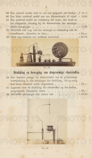 Physics instruments, photograph, page, Above a model of a wheel, below an apparatus for expressing liquids on the bottom., number: 'No. 42., No. 46.', photographer: Fredrich Wilhelm Funckler, Netherlands, c. 1857 - in or before 1867, paper, albumen print, height 222 mm x width 133 mm, Photos on page 4., physics (tools, instruments, laboratory equipment, scientific research), A vertically oriented aged paper page with two sepia-toned photographic plates of mechanical apparatuses mounted on the page, the upper plate showing a horizontal wooden base supporting various metal components including a large circular wheel connected by cords to smaller pulleys and weights, with a vertical post, a small stacked cylindrical object and spherical weights arranged on the base, and the lower plate showing a more complex assembly with a curved metal tube rising from a base, a central cylindrical chamber held by a frame with supporting legs and connected vessels beneath, both plates surrounded by print...