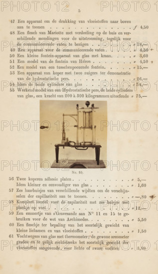 Model of a hydrostatic press, photograph, page, number: 'No. 55.', photographer: Fredrich Wilhelm Funckler, Netherlands, c. 1857 - in or before 1867, paper, albumen print, height 52 mm x width 52 mm, Photo on page 5., physics (tools, instruments, laboratory equipment, scientific research), A yellowed page of paper with printed lines of faint type and a centered sepia photograph of a tabletop apparatus showing a vertical glass cylinder framed by a metal stand with decorative finials, a horizontal arm with a lever and a wooden handle extending left, a small glass beaker beneath part of the apparatus, and a wooden base supported by four turned legs; the page shows age spots and uneven toning around the edges.