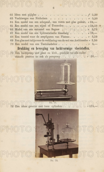 Two photographs of air pumps, photograph, page, Above an air pump with a plate and a clock, below an air pump with two cylinders., number: 'No. 71., No. 72.', photographer: Fredrich Wilhelm Funckler, Netherlands, c. 1857 - in or before 1867, paper, albumen print, height 222 mm x width 133 mm, Photographs on page 6., physics (tools, instruments, laboratory equipment, scientific research), A faded page showing two vertically aligned sepia photographs of scientific apparatus, each photograph bordered by blank paper. The upper photograph displays a horizontal cylindrical device mounted on a flat base with a vertical support holding a circular plate topped by a glass bell jar, the bell jar having a rounded knob at its top. The lower photograph shows a tabletop apparatus with mechanical components including a vertical lever, gears, a crank handle, and a glass bell jar seated on a circular plate above a wooden table with a drawer. The page background is aged with light stains and small spots,...