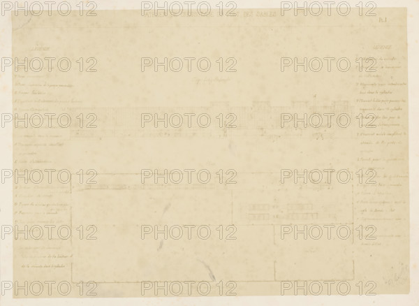 Photo reproduction of a front view and a floor plan of a creosoting workshop, photograph, reproduction, signature: 'B. Crolet', photographer: B. Crolet (possibly), France, after design by anonymous, in or before 1867, paper, pasteboard, albumen print, height 332 mm x width 441 mm, plan, architecture, workshop, A faded, sepia-toned technical drawing fills the image, showing a large rectangular sheet with faint pencil lines and delicate, precise architectural and mechanical sketches arranged horizontally; the top third contains a long, detailed elevation or sectional drawing with grid-like structures and small mechanical components, while the middle shows a long plan view with boxy outlines and evenly spaced small marks; the lower portion features a large rectangular outline with faint internal details and a smaller detailed inset with tiny compartments; the left and right margins contain narrow columns of faint handwritten annotations rendered lightly in pencil; the paper surface shows ...