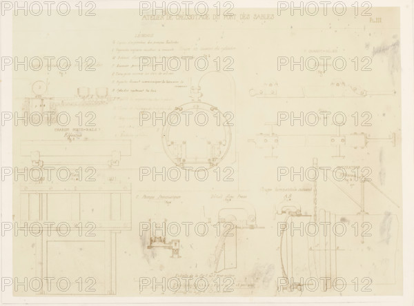 Photo reproduction of design drawings of pumps, clamps, and rails for a creosoting workshop, photograph, reproduction, signature: 'B. Crolet', photographer: B. Crolet (possibly), France, after design by anonymous, in or before 1867, paper, pasteboard, albumen print, height 332 mm x width 441 mm, design, plan (, production), pump, A faded technical drawing on aged paper showing multiple detailed mechanical diagrams and cross-sections in fine brown ink, including a large circular cross-section with internal fittings near the top center, rectangular framed structures toward the lower left, a rail-like elongated component with mounting brackets near the upper right, a pulley or chain assembly with a curved panel on the right side, smaller sectional views and apparatus sketches scattered across the sheet, smudges and areas of darker wear around the edges, and a narrow unadorned border surrounding the sheet.