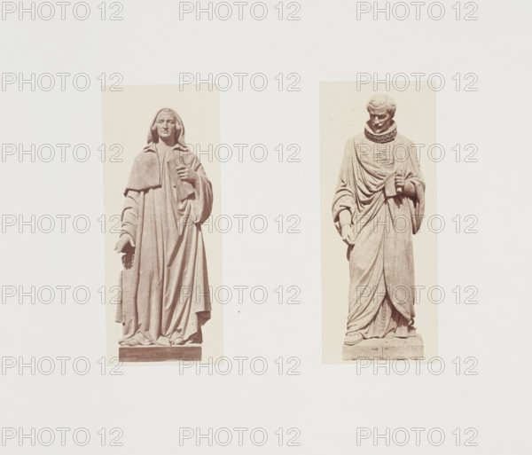 Plaster models for sculptures on the Palais du Louvre: left 'Suger' by Nicolas Bernard Raggi and right 'De Thou' by Auguste Louis Deligand, album page, photograph, Part of Réunion des Tuileries au Louvre 1852-1857, album 1., photographer: Édouard Denis Baldus, Paris, after sculpture by Nicolas Bernard Raggi, after sculpture by Auguste Louis Deligand, c. 1855 - c. 1857, Nicolas Bernard Raggi, Auguste Louis Deligand, after sculpture by, paper, salted paper print, salt print, height 378 mm x width 556 mm, piece of sculpture, reproduction of a piece of sculpture, permanent exhibition, museum, Musée du Louvre, Palais du Louvre, Tuileries Palace, Two stone statues are shown against a pale, mostly empty background, each framed by a light rectangular panel. The statue on the left depicts a robed figure with a hooded cloak, a serene facial expression, one hand holding a rectangular object near the chest and the other hand hanging down holding a small item; flowing drapery covers the body down t...