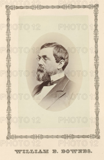 William E. Downes, photograph, page, c. 1876 - in or before 1881, photographer, paper, albumen print, height 95 mm x width 60 mm, adult man, A sepia-toned oval portrait of a middle-aged man in three-quarter profile facing left, showing short dark hair, a full beard and mustache, and small round eyeglasses, dressed in a dark jacket with a high white collar and a bow tie, mounted on a pale rectangular mat with an ornate decorative border surrounding the mat and portrait.
