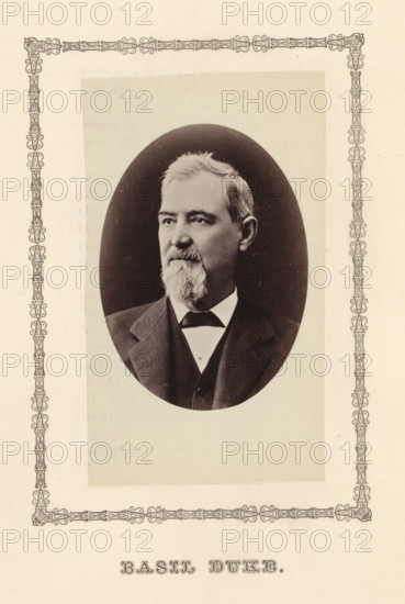 Basil Duke, photograph, page, c. 1876 - in or before 1881, photographer, paper, albumen print, height 95 mm x width 53 mm, adult man, A sepia-toned oval portrait of an older man with short hair and a full beard and mustache, wearing a dark suit jacket over a vest and a white shirt with a dark bow tie, set on a pale rectangular background framed by an ornate decorative border.