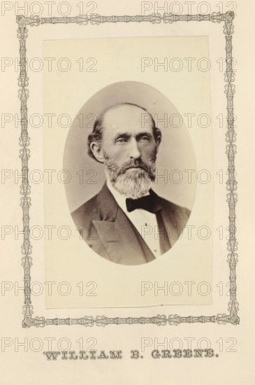 William B. Greene, photograph, page, c. 1876 - in or before 1881, photographer, paper, albumen print, height 99 mm x width 60 mm, adult man, A sepia-toned oval portrait of an older man with a receding hairline, full beard, and mustache, wearing a dark suit jacket, white shirt, and bow tie, mounted on a rectangular light-colored background with an ornate decorative border surrounding the portrait area.