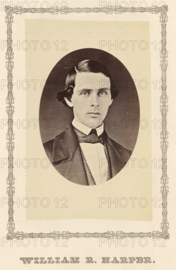 William R. Harper, photograph, page, c. 1876 - in or before 1881, photographer, paper, albumen print, height 98 mm x width 61 mm, adult man, A sepia-toned oval portrait of a young man with dark hair combed to the side, wearing a dark jacket, white shirt, and bow tie, mounted on a rectangular pale background and surrounded by an ornate decorative border on a larger sheet.