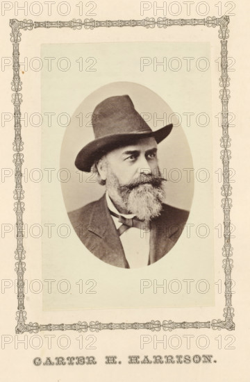 Carter H. Harrison, photograph, page, c. 1876 - in or before 1881, photographer, paper, albumen print, height 96 mm x width 63 mm, Person, Carter Harrison Sr., mayor, burgomaster, An oval sepia portrait of a bearded man wearing a dark wide-brimmed hat, a suit jacket, a bow tie, and a collared shirt, set on a light rectangular background with an ornate decorative border around the page.