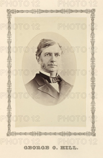George C. Hill, photograph, page, c. 1876 - in or before 1881, photographer, paper, albumen print, height 99 mm x width 64 mm, Person, Carter Harrison Sr., adult man, An oval portrait of a man with sideburns and short hair, shown from the chest up wearing a dark suit jacket, a white shirt, and a bow tie, centered on a light rectangular background with an ornate decorative border around the page.