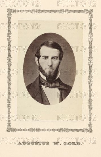 Augustus W. Lord, photograph, page, c. 1876 - in or before 1881, photographer, paper, albumen print, height 91 mm x width 60 mm, adult man, An oval black-and-white portrait of a man with dark hair and sideburns framed by a decorative rectangular border, the man facing forward with a neutral expression, wearing a dark jacket, a white shirt with a high collar, and a large bow tie, set against a plain light background.