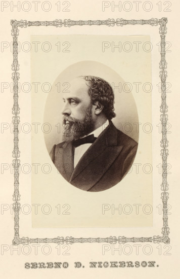 Sereno D. Nickerson, photograph, reproduction, page, after print by anonymous, c. 1876 - in or before 1881, photographer, after print by, paper, albumen print, height 84 mm x width 62 mm, adult man, An oval portrait of a bearded man in profile facing left, showing curly hair, a full beard, and a mustache, wearing a dark suit jacket, white shirt, and bow tie, set on a pale rectangular background with a decorative patterned border around the page.