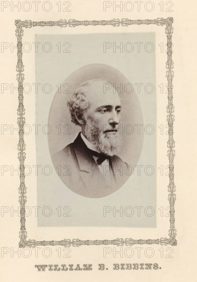 William B. Bibbins, photograph, page, c. 1876 - in or before 1881, photographer, paper, albumen print, height 98 mm x width 60 mm, adult man, A sepia-toned oval portrait of a middle-aged man with light curly hair at the temples and a full beard and mustache, shown in three-quarter profile facing right, wearing a dark suit jacket, white shirt, and a bow tie, centered on a pale rectangular background that is framed by an ornate decorative border with patterned corner elements.
