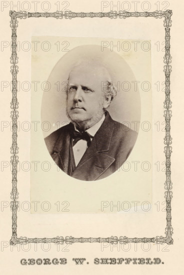 George W. Sheffield, photograph, page, c. 1876 - in or before 1881, photographer, paper, albumen print, height 86 mm x width 60 mm, adult man, A sepia-toned oval portrait of an older man with light hair and sideburns set against a pale background, showing his face and upper torso in a dark suit jacket, white shirt, and bow tie, mounted on a rectangular pale sheet that is framed by an ornate decorative border running along the edges of the larger page.