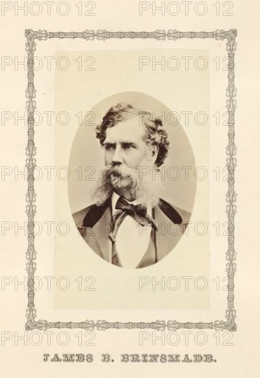 James B. Brinsmade, photograph, page, c. 1876 - in or before 1881, photographer, paper, albumen print, height 99 mm x width 60 mm, adult man, An oval sepia photograph of a man with wavy hair and prominent muttonchop sideburns and mustache, wearing a dark jacket with wide lapels, a light shirt, and a tied bow at the collar, mounted on a rectangular pale background and surrounded by a decorative ornate border.