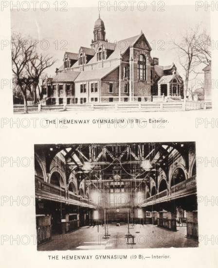 The Hemenway Gymnasium, page, photomechanical print, number: '(19 B) (19 B)', Cambridge (MA), c. 1881 - in or before 1886, North America, Massachusetts, paper, collotype, photoprint, height 168 mm x width 126 mm, Prints opposite page 38., facade (of house or building), university building, college, interior, representation of a building, Harvard College, A sepia-toned page shows two photographs stacked vertically. The upper photograph depicts a large brick building with a steeply pitched roof, dormer windows, a central tower with a domed top, tall arched windows on a prominent gable end, and a covered entrance with columns; leafless trees and a low fence appear in front. The lower photograph shows an interior space with a high arched ceiling, rows of balconies with balustrades along both sides, hanging ropes and gym apparatus suspended from the ceiling, a wooden floor beneath, and light fixtures hanging down.
