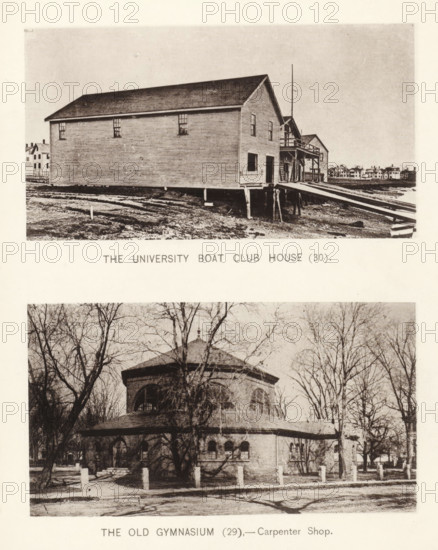 The old gymnasium, The university boat club house, page, photomechanical print, number: '(30) (29)', Cambridge (MA), c. 1881 - in or before 1886, North America, Massachusetts, paper, collotype, photoprint, height 168 mm x width 126 mm, Prints opposite page 52., facade (of house or building), university building, college, boat-house, shed, Harvard College, Museum of Comparative Zoology, Peabody Museum of Archeology and Ethnology, A sepia-toned image shows two stacked photographs. The top photograph features a long wooden boathouse on stilts by the shore with horizontal siding, a gabled roof, several rectangular windows, an open doorway, and a narrow wooden ramp leading to the water; smaller buildings and distant houses appear along the horizon. The bottom photograph shows a rounded brick building with arched windows and a conical roof surrounded by bare trees and a low fence with stone posts, with a dirt pathway and shadows in the foreground.