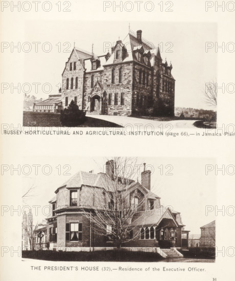 The president's house, Bussey horticultural and agricultural institution, page, photomechanical print, number: '(32)', Cambridge (MA), c. 1881 - in or before 1886, North America, Massachusetts, paper, collotype, photoprint, height 168 mm x width 126 mm, Prints opposite page 66., facade (of house or building), university building, college, Harvard College, A photograph shows two separate historic stone and brick buildings stacked vertically on the page; the upper image depicts a large stone building with steep slate roofs, ornate roof finials, multiple dormer windows, a central arched entrance with stone steps, tall narrow windows, and surrounding low landscaping with a curved driveway and distant trees, while the lower image shows a brick house with a steeply pitched roof, a prominent corner bay with dormer windows, a front porch with decorative supports, a leafless tree partially obscuring the facade, steps leading up to a raised entrance, and trimmed hedges along the sidewalk.