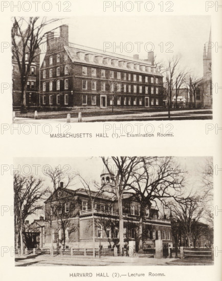 Massachusetts Hall, Harvard Hall, page, photomechanical print, number: '(1) (2)', Cambridge (MA), c. 1881 - in or before 1886, North America, Massachusetts, paper, collotype, photoprint, height 168 mm x width 126 mm, Prints opposite page 11., facade (of house or building), university building, college, Harvard College, A sepia-toned photograph shows two separate historic brick buildings framed vertically on the same page, the upper image depicting a rectangular multi-story brick hall with rows of windows across each floor, a sloped roof with dormer windows, chimneys, bare trees in front, and a paved walkway and low stone posts along the lawn, while the lower image shows another brick building with a balustraded roofline, arched windows on the ground floor, a cupola partially visible behind leafless trees, a fenced front yard with stone pillars and gateposts, and a street foreground.