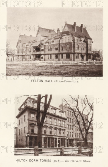 Hilton dormitories, Felton Hall, page, photomechanical print, number: '(31) (36 A)', Cambridge (MA), c. 1881 - in or before 1886, North America, Massachusetts, paper, collotype, photoprint, height 168 mm x width 126 mm, Prints opposite page 74., facade (of house or building), university building, college, Harvard College, A sepia-toned page showing two photographic images of multi-story brick buildings with pitched roofs and numerous windows; the upper photograph depicts a large, ornate dormitory set behind a low fence with a grassy foreground and bare trees at the edges, while the lower photograph shows a street-facing row of connected buildings with ground-level storefronts, tall trees without leaves in front, and stone posts along the sidewalk.