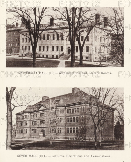 Sever Hall, University Hall, page, photomechanical print, number: '(10) (10 A)', Cambridge (MA), c. 1881 - in or before 1886, North America, Massachusetts, paper, collotype, photoprint, height 168 mm x width 126 mm, Prints opposite page 28., facade (of house or building), university building, college, Harvard College, A sepia-toned photograph of two large multi-story brick buildings framed by leafless trees, each building showing rows of windows, arched doorways with steps leading up to them, and architectural detailing along the rooflines; grassy lawns and paved walkways run in front of the buildings, and bare tree trunks and branches occupy the foreground and edges of the image.