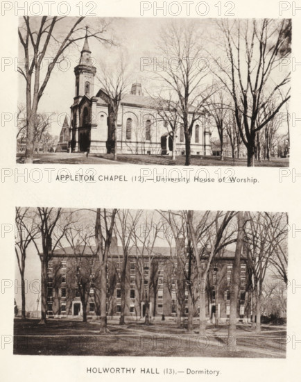 Holworthy Hall, Appleton Chapel, page, photomechanical print, number: '(12) (13)', Cambridge (MA), c. 1881 - in or before 1886, North America, Massachusetts, paper, collotype, photoprint, height 168 mm x width 126 mm, Prints opposite page 30., facade (of house or building), church (exterior) - QQ - small church, chapel, university building, college, Harvard College, A sepia-toned image showing two separate rectangular photographic views stacked vertically, each framed by a light border and separated by blank space; the upper view depicts a stone chapel with a tall steeple and arched windows, set on a lawn with several leafless trees in front and a path leading toward the entrance, while the lower view shows a multi-story brick dormitory partially obscured by many tall bare trees standing on a grassy area.