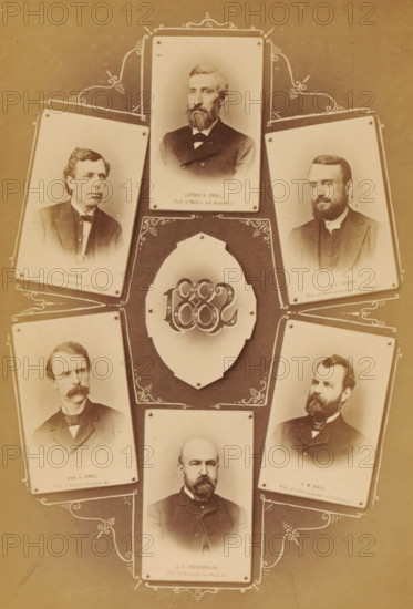 Six portraits of professors at Pennsylvania College, photograph, page, photographer: William H. Tipton, Gettysburg, c. 1877 - in or before 1882, North America, Pennsylvania, paper, albumen print, height 146 mm x width 101 mm, professor, A vertical collage of sepia-toned portrait photographs arranged around a central decorative oval medallion, each portrait mounted on a small rectangular card with rounded corners and pinned at the corners, showing men in formal late nineteenth-century attire with facial hair and stern expressions, decorative scrollwork framing the arrangement, and a lighter outer border around the darker central background.