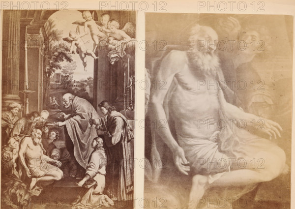 Two photo reproductions of a print after a painting, depicting the Last Communion of Saint Jerome, photograph, reproduction, page, after print by anonymous, after painting by Domenichino, c. 1882 - in or before 1887, photographer, after print by, paper, albumen print, height 151 mm x width 206 mm, Photos opposite page 44., the Last Communion of St. Jerome: he is attended and supported by younger priests, one of whom is about to administer the sacrament, usually St. Paula is present, Two adjacent sepia-toned prints are shown side by side with a narrow pale border between them; the left print depicts an interior scene with classical columns and an archway opening to a landscape, a group of robed figures gathered around a seated, partially draped elderly man, a cleric offering a dish while another holds a chalice, and cherubic winged children floating near the top, while the right print shows a seated, bearded, semi-nude elderly man with a draped cloth around his lower body and a faint se...