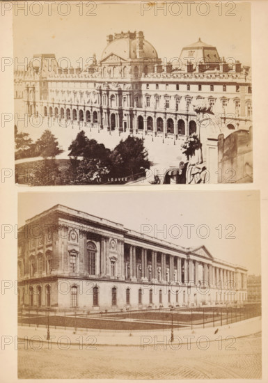 Two exteriors of the Musée du Louvre in Paris, Le Louvre, photograph, page, Paris, c. 1882 - in or before 1887, photographer, paper, albumen print, height 202 mm x width 147 mm, Photos opposite page 80., permanent exhibition, museum, facade (of house or building), Musée du Louvre, A sepia-toned image showing two photographic views of a large classical building stacked vertically on the page; the upper view displays an ornate façade with a row of arched openings at ground level, tall windows above, sculptural decoration on the roofline, a domed central section, and a stone balustrade with a carved figure in the foreground overlooking trees and a plaza, while the lower view shows a long side elevation of the same building with tall pilasters and columns, regularly spaced windows, a fenced lawn in front, street lamps along the pavement, and a cobbled roadway at the bottom.