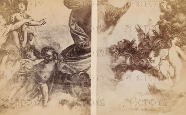 Two photo reproductions of a painting depicting the Ascension of Mary, photograph, reproduction, page, Basilica di Santa Maria Gloriosa dei Frari, after painting by Titian, c. 1882 - in or before 1887, photographer, Venice, paper, albumen print, height 151 mm x width 206 mm, Photos opposite page 110., the assumption of Mary ('assumptio corporis'): she is borne into heaven by angels, A sepia-toned reproduction of a classical painting divided into two vertical panels showing groups of cherubic children and robed figures among clouds; the left panel features several children with curly hair and draped cloth, one child holding a round object near the edge, a large flowing robe occupying the center and extending downward, and a partially visible face peeking from the lower corner; the right panel shows more cherubic figures and winged children looking upward toward robed figures, one child standing with a turned head, and soft cloud forms filling the lower area.