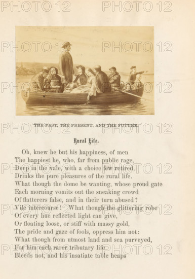 Rural life, photograph, reproduction, page, after painting by anonymous, c. 1860 - in or before 1865, photographer, paper, albumen print, height 56 mm x width 88 mm, Photo on page 83., rowing-boat, canoe, A sepia-toned illustration shows a small wooden rowboat on calm water filled with people wearing period clothing; a standing man in a hat looks forward while seated figures around him wear bonnets, shawls, and coats, one woman leans over the boat's side with her hand near the water, another person holds an infant wrapped in cloth, a child at the stern points outward, and an oarsman sits with a long oar extending over the water; in the distant background a shoreline with low buildings and a steeple is visible beneath a pale sky.