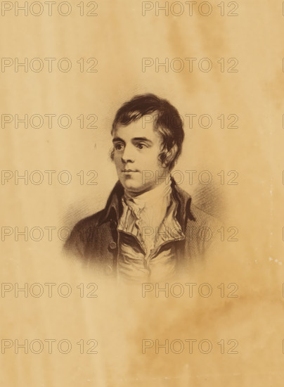 Photo reproduction of a painting, depicting a portrait of Robert Burns, photograph, reproduction, page, photographer: Alexander Gardner, Washington (state), after painting by Alexander Nasmyth, c. 1863 - in or before 1868, North America, paper, albumen print, height 172 mm x width 124 mm, Photo on frontispiece., Person, Robert Burns, portrait of a writer, A sepia-toned portrait of a man shown from the chest up centered on a faded rectangular background, with short dark hair combed forward and sideburns, a calm facial expression and eyes looking slightly to one side, wearing a high-collared shirt with a cravat and a dark coat with visible lapels, the portrait rendered in fine engraved or sketched lines with shading around the figure and soft mottled discoloration across the surrounding paper.