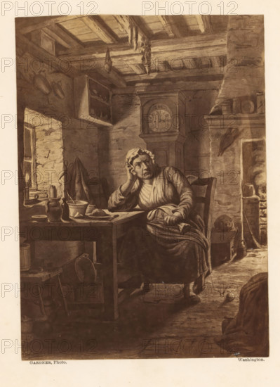 Photo reproduction of a painting, depicting Tam's wife in an interior, photograph, reproduction, page, photographer: Alexander Gardner, Washington (state), after painting by anonymous, c. 1863 - in or before 1868, Alexander Gardner, photographer, after painting by, North America, paper, albumen print, height 172 mm x width 124 mm, adult woman, interior, representation of a building, An interior scene of a rustic room with exposed ceiling beams and a stone fireplace, a seated woman wearing a bonnet and simple dress resting her head on one hand at a wooden table, various pottery and bowls on the table, a shelf and hooks on the walls holding vessels, a tall clock standing against the back wall, hanging items from the ceiling beams, a window with light coming through and rough stone walls, a chair beside the table and a stool near the fireplace, a kettle and other household objects near the hearth, and a worn floor with scattered small items.