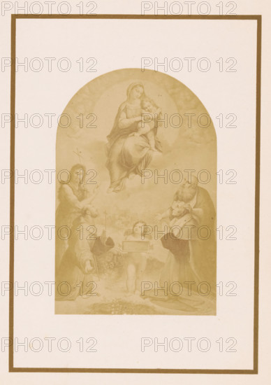 Photo reproduction of a print after a painting depicting the Madonna of Foligno, photograph, reproduction, page, photographer: E. Hufnagel, after print by anonymous, after painting by Rafaël, c. 1855 - in or before 1860, after print by, paper, albumen print, height 148 mm x width 110 mm, Madonna (ie Mary with the Christ-child) in the air, or on the clouds, A sepia-toned framed print shows an arched central image with a seated woman holding a child near the top, surrounded by faint cloud-like shapes; below them stand robed male figures in various poses, one with a long beard touching another’s head, another holding a staff and wearing a simple garment, and a small nude child figure in the lower center holding a rectangular object; the scene includes drapery folds, soft shading, and a pale border with a darker rectangular outer frame.