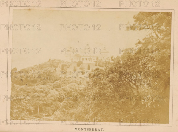 View of the Palácio de Monserrate near Sintra, Montserrat, photograph, page, Portugal, c. 1881 - in or before 1891, photographer, paper, albumen print, height 97 mm x width 139 mm, Photo opposite title page., (high) hill, palace, Palácio de Monserrate, A faded sepia photograph shows a hilltop building with three domed towers partially obscured by surrounding trees and vegetation; the foreground is filled with dense treetops and shrubbery, and a large tree canopy frames the right side of the image while a light sky fills the upper background.